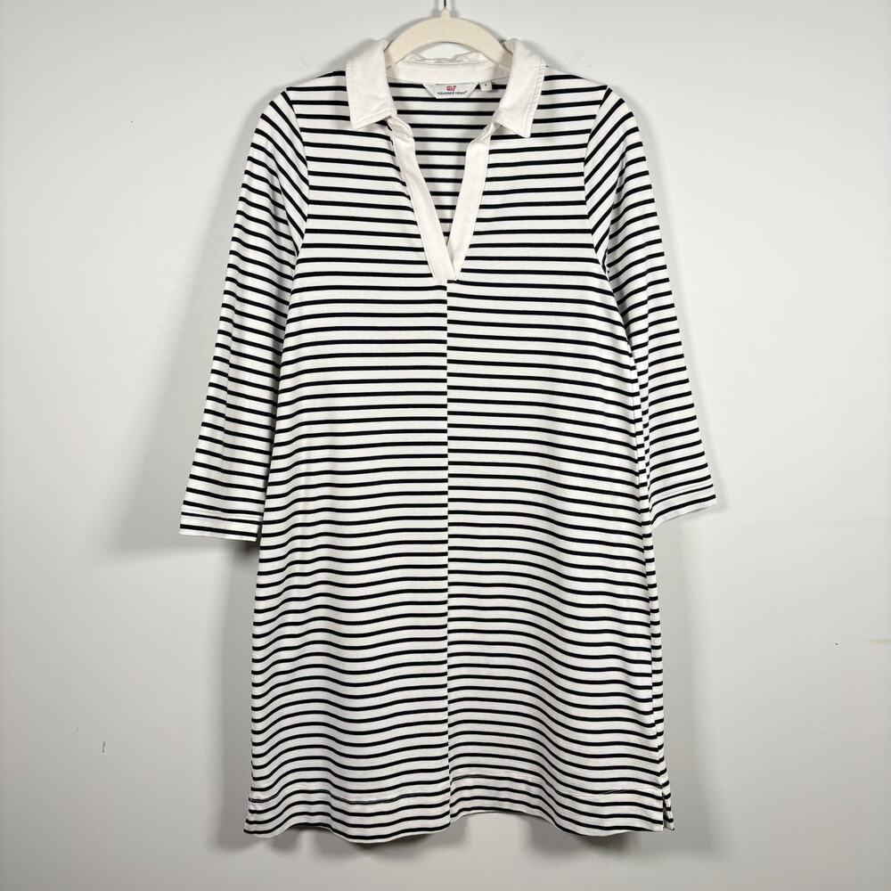 Women's Vineyard Vines Black White Striped 3/4 Sleeve V Neck Collared Polo Dress